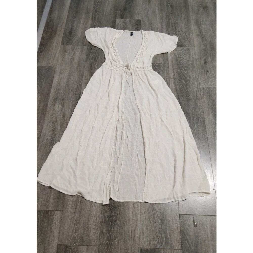 Ivory Gauze Lace Inset Maxi Swim Cover Up Tie Front Boho Dress Duster